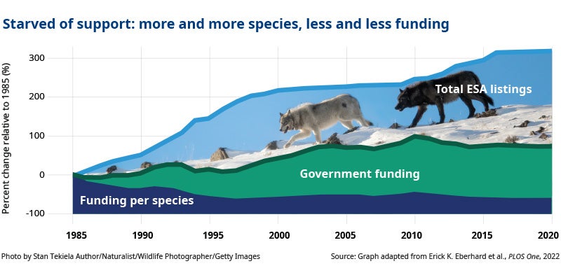 Chart showing the increase in species added to the ESA list while the funding levels remain stagnant.