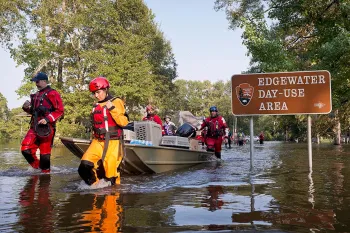 Animal rescue team carries rescued animals in a boat through flooded waters following Hurricane Harvey response