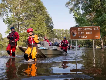 Animal rescue team carries rescued animals in a boat through flooded waters following Hurricane Harvey response