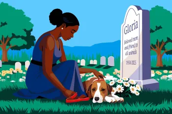 Illustration of a woman kneeling beside a dog in a peaceful cemetery. She sits in front of a gravestone marked “Gloria, Beloved mom and friend to all animals, 1950–2025,” gently resting her hand on the dog’s head. The dog lies among white daisies, looking sad. Trees and additional gravestones sit in the background under a bright blue sky.