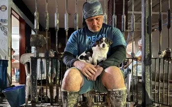 A man sitting with a dog in his lap