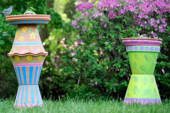DIY painted bird baths made from clay pots