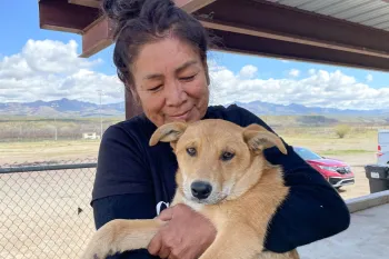 More than a Pet community hero award finalist Julie Cassadore with a brown dog under a pavillion