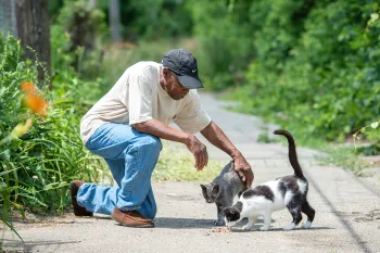 Laward Ellison petting two community cats 