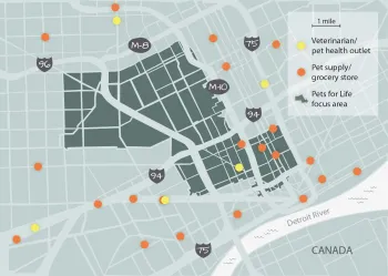 Map showing the lack of Veterinary and pet supply services in the Detroit area